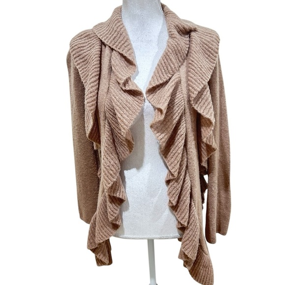 Etcetera Tan Ruffle open front Cardigan Sweater alpaca wool longline size small - Picture 1 of 6